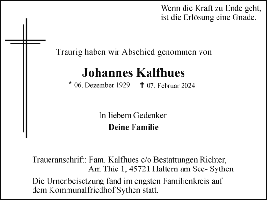 Traueranzeige von Johannes Kalfhues von Ruhr Nachrichten und Halterner Zeitung
