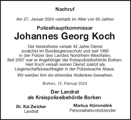 Traueranzeige von Johannes Georg Koch von Münstersche Zeitung und Münsterland Zeitung