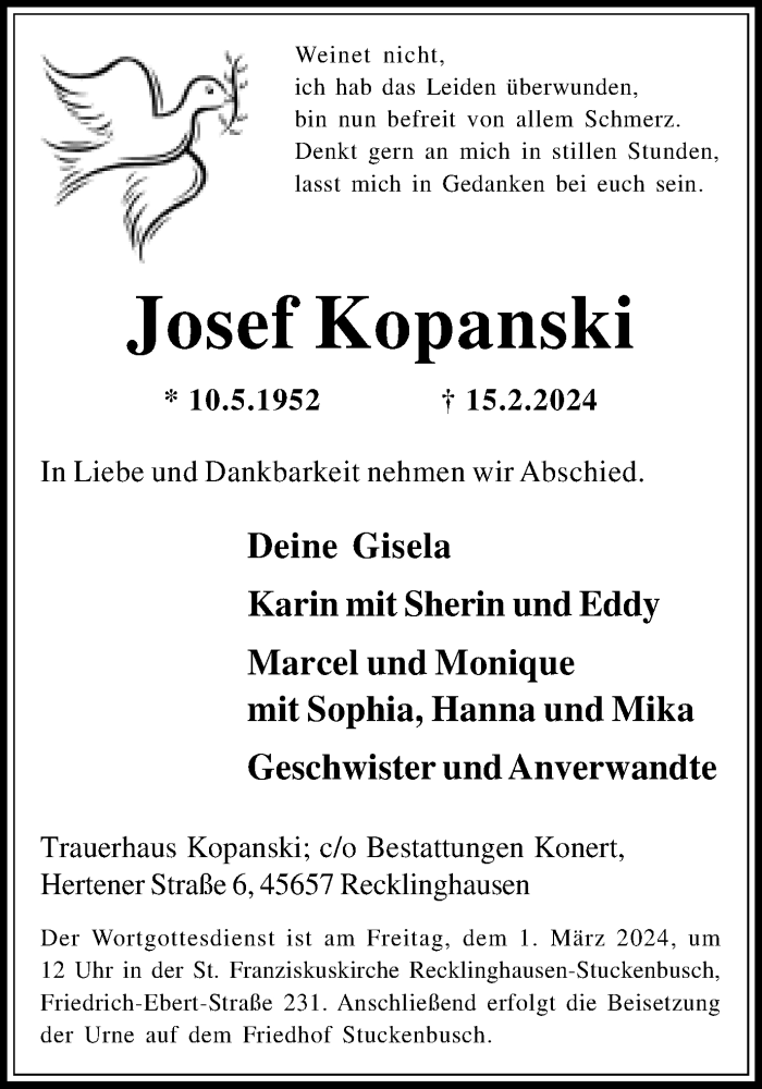  Traueranzeige für Josef Kopanski vom 24.02.2024 aus Medienhaus Bauer