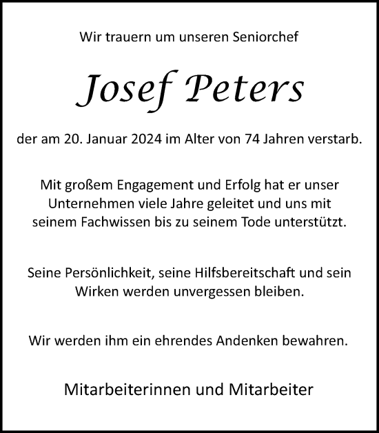 Traueranzeige von Josef Peters von Medienhaus Bauer