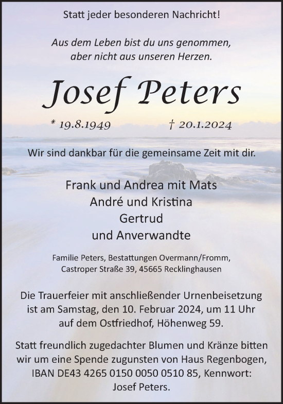 Traueranzeige von Josef Peters von Medienhaus Bauer