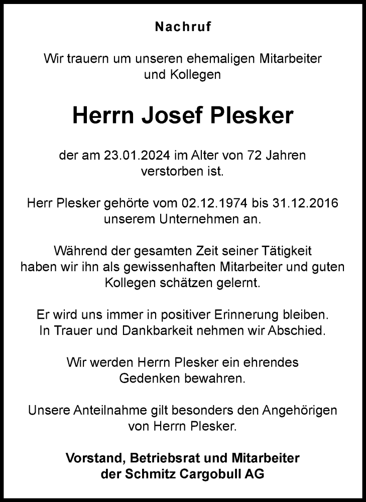  Traueranzeige für Josef Plesker vom 10.02.2024 aus Münstersche Zeitung und Münsterland Zeitung
