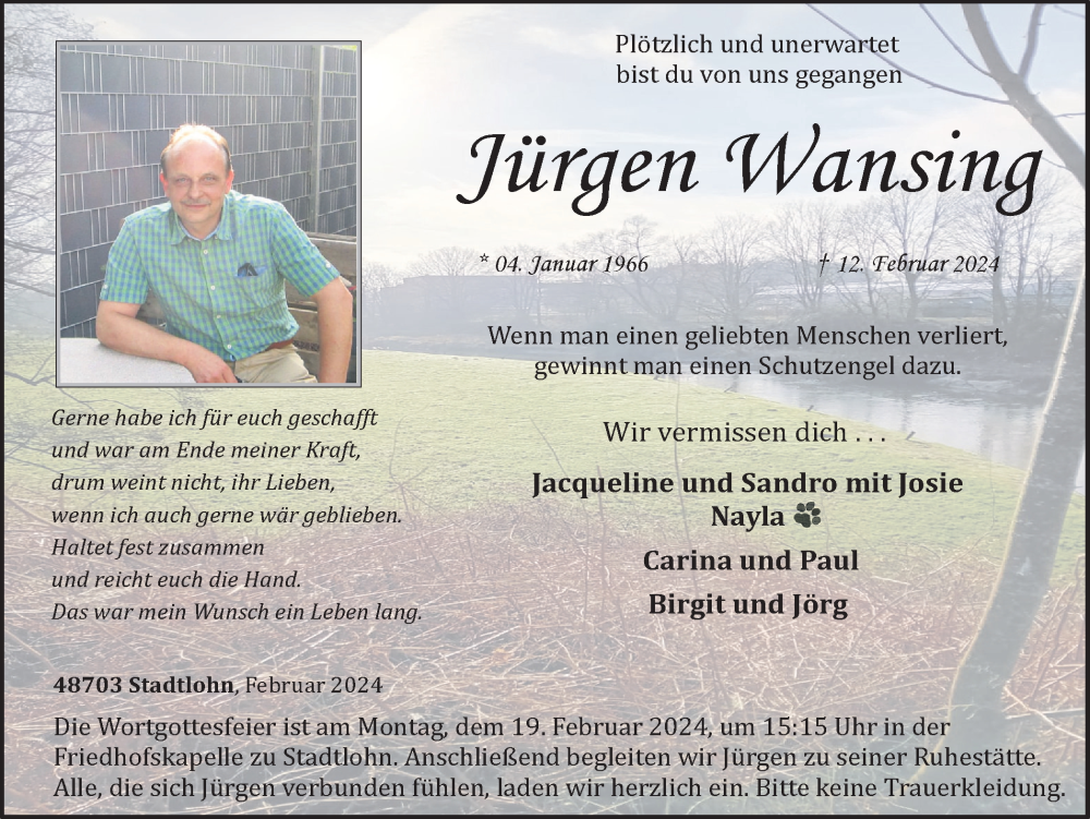  Traueranzeige für Jürgen Wansing vom 15.02.2024 aus Münstersche Zeitung und Münsterland Zeitung