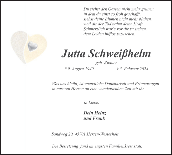 Traueranzeige von Jutta Schweißhelm von Medienhaus Bauer