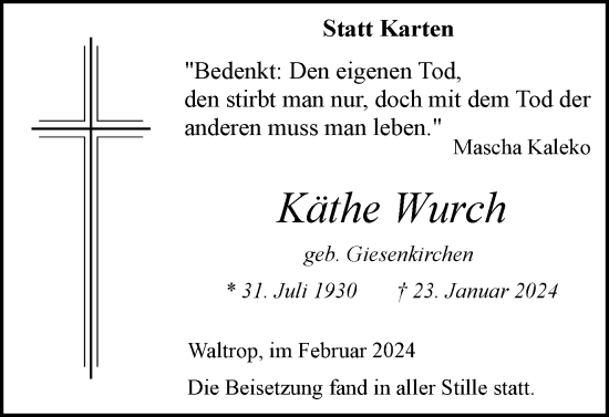 Traueranzeige von Käthe Wurch von Medienhaus Bauer