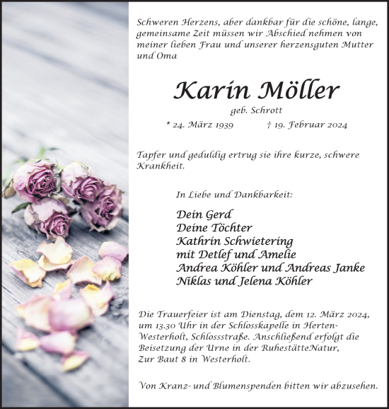 Traueranzeige von Karin Möller von Medienhaus Bauer