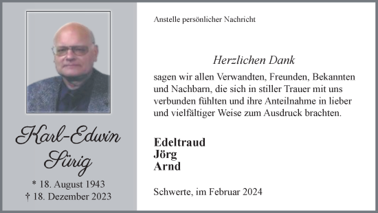 Traueranzeige von Karl-Edwin Sürig von Ruhr Nachrichten