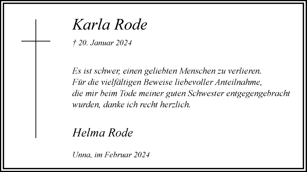  Traueranzeige für Karla Rode vom 17.02.2024 aus Hellweger Anzeiger