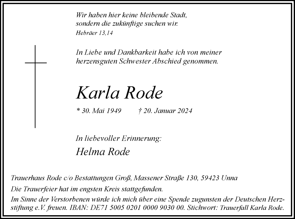  Traueranzeige für Karla Rode vom 03.02.2024 aus Hellweger Anzeiger
