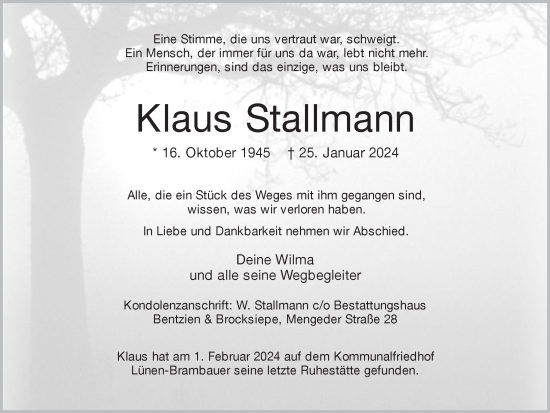 Traueranzeige von Klaus Stallmann 