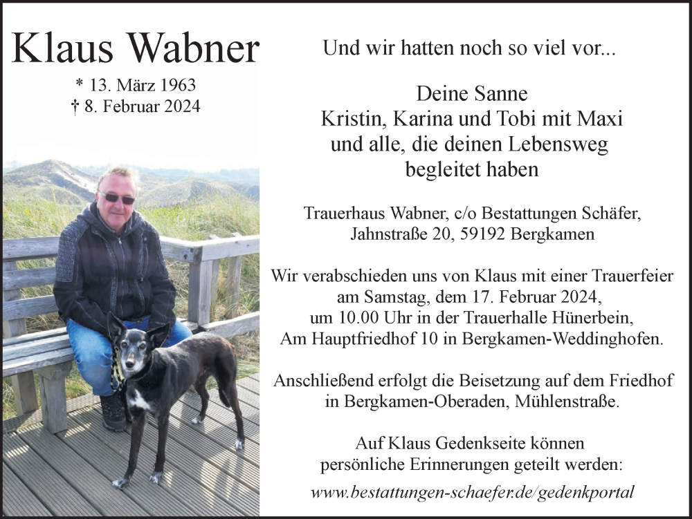  Traueranzeige für Klaus Wabner vom 13.02.2024 aus Hellweger Anzeiger