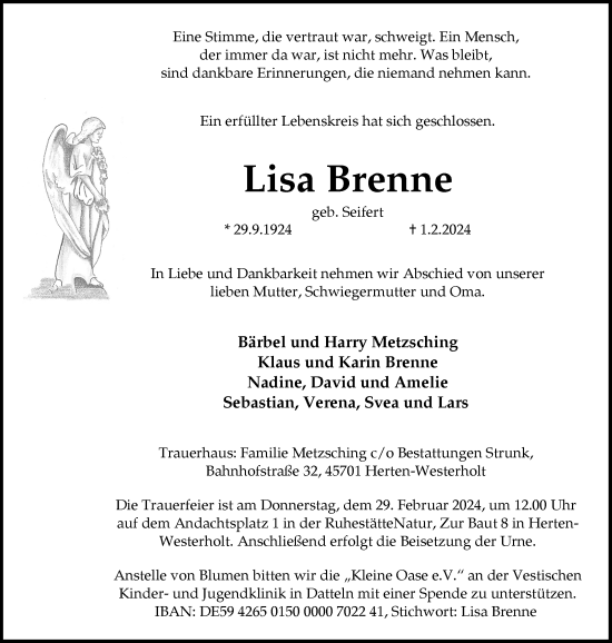 Traueranzeige von Lisa Brenne von Medienhaus Bauer