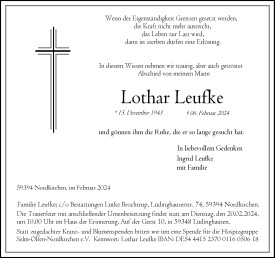 Traueranzeige von Lothar Leufke von Ruhr Nachrichten