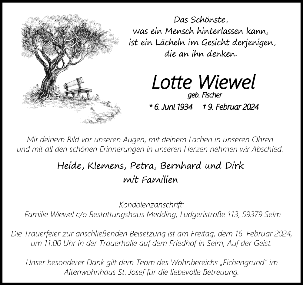  Traueranzeige für Lotte Wiewel vom 10.02.2024 aus Ruhr Nachrichten