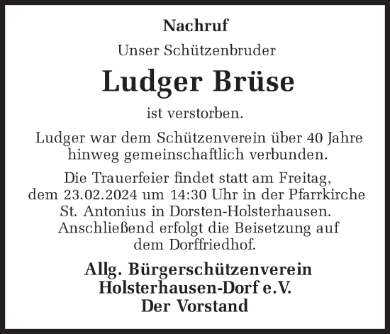 Traueranzeige von Ludger Brüse von Ruhr Nachrichten und Dorstener Zeitung