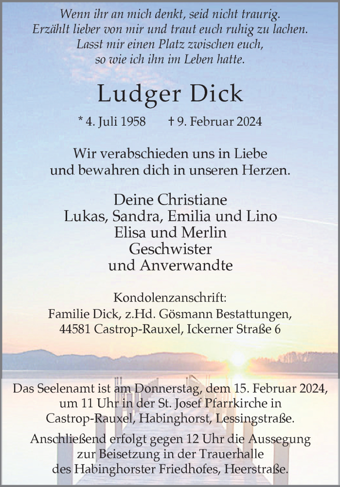  Traueranzeige für Ludger Dick vom 13.02.2024 aus Ruhr Nachrichten