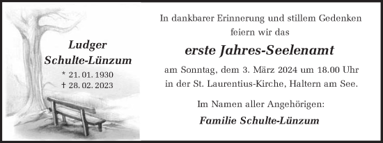 Traueranzeige von Ludger Schulte-Lünzum von Ruhr Nachrichten und Halterner Zeitung