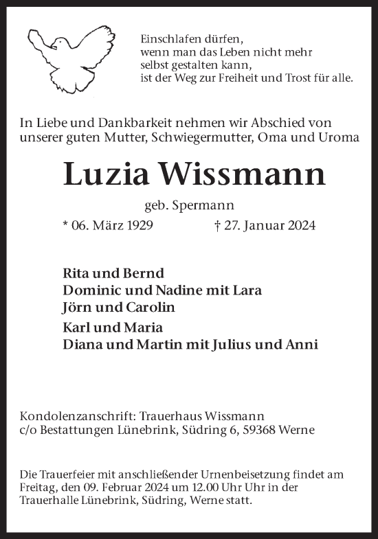 Traueranzeige von Luzia Wissmann von Ruhr Nachrichten