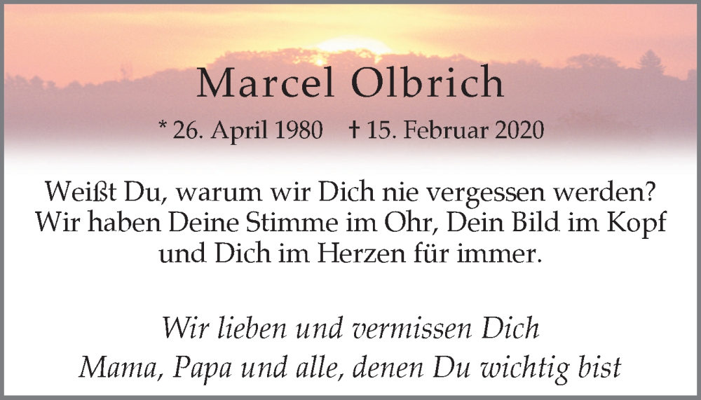  Traueranzeige für Marcel Olbrich vom 17.02.2024 aus 