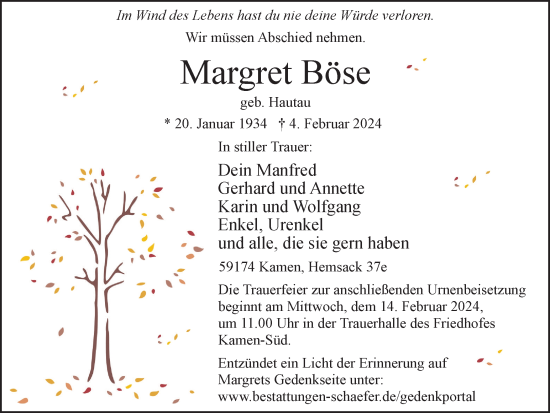 Traueranzeige von Margret Böse von Hellweger Anzeiger