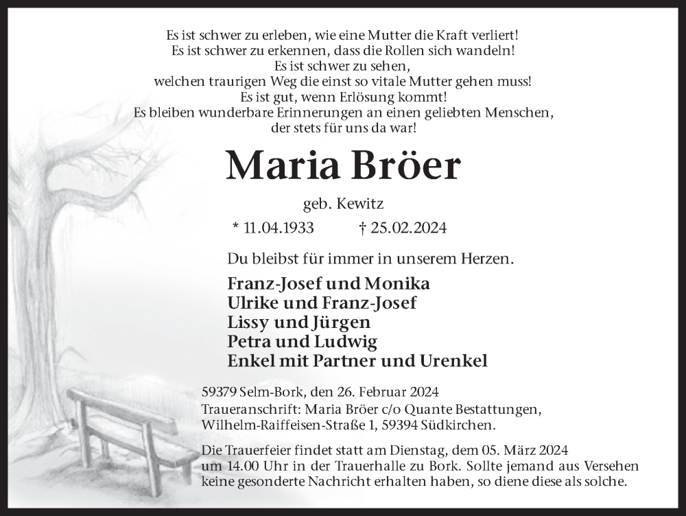  Traueranzeige für Maria Bröer vom 29.02.2024 aus Ruhr Nachrichten