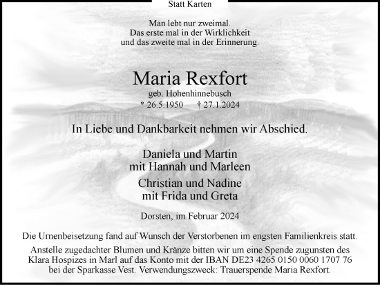 Traueranzeige von Maria Rexfort von Ruhr Nachrichten und Dorstener Zeitung