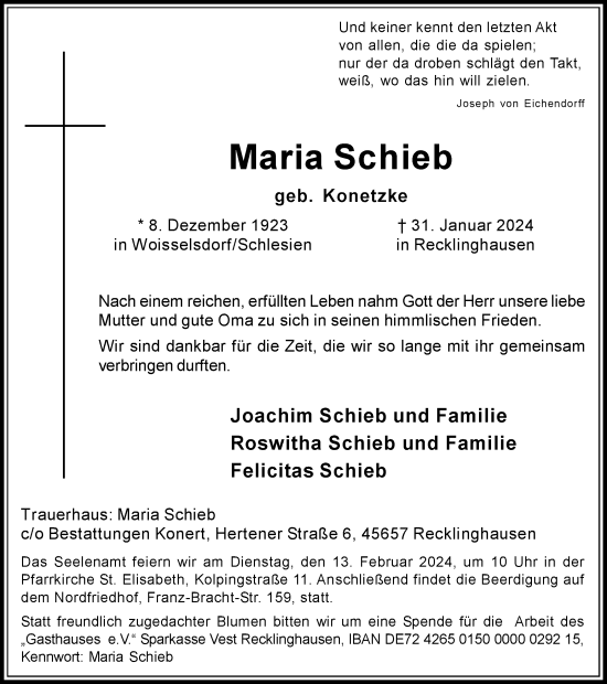 Traueranzeige von Maria Schieb von Medienhaus Bauer