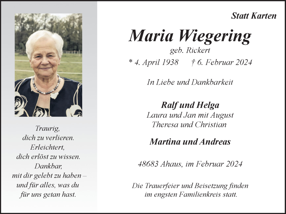  Traueranzeige für Maria Wiegering vom 10.02.2024 aus Münstersche Zeitung und Münsterland Zeitung