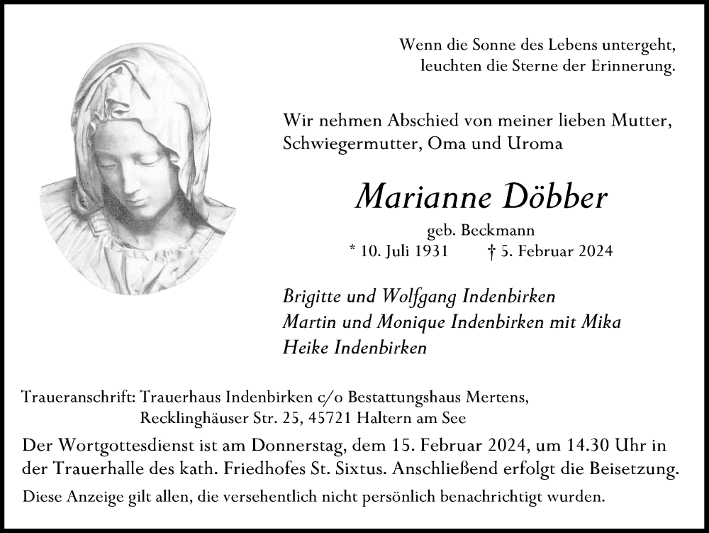  Traueranzeige für Marianne Döbber vom 10.02.2024 aus Ruhr Nachrichten und Halterner Zeitung