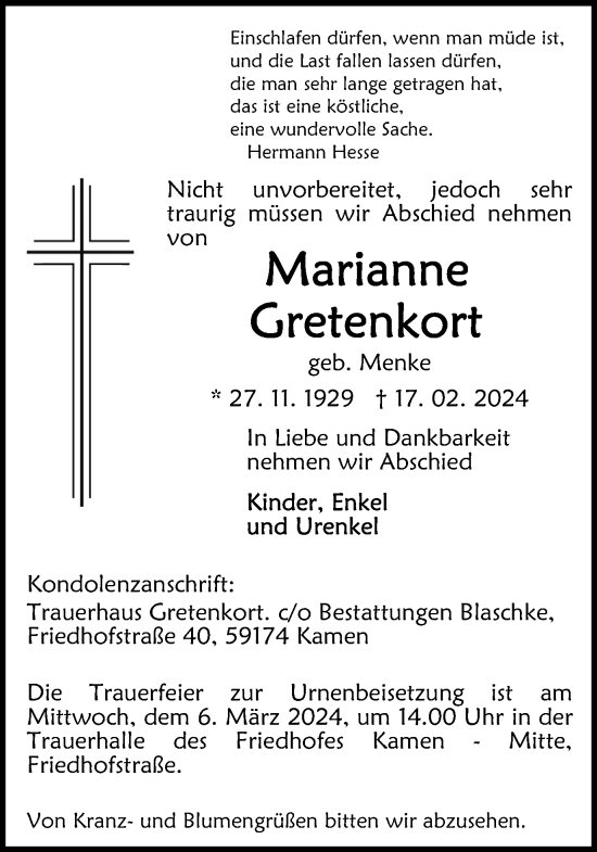 Traueranzeige von Marianne Gretenkort von Hellweger Anzeiger