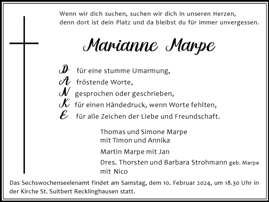 Traueranzeige von Marianne Marpe von Medienhaus Bauer