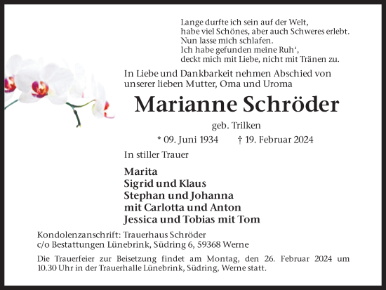 Traueranzeige von Marianne Schröder von Ruhr Nachrichten