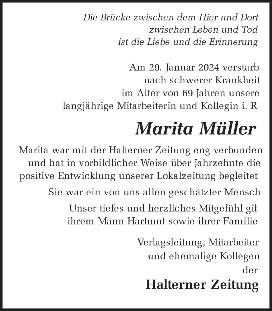  Traueranzeige für Marita Müller vom 10.02.2024 aus Ruhr Nachrichten und Halterner Zeitung