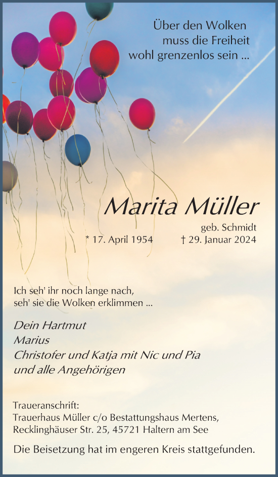 Traueranzeige von Marita Müller von Ruhr Nachrichten und Halterner Zeitung