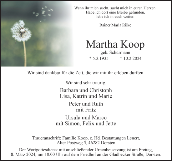 Traueranzeige von Martha Koop von Ruhr Nachrichten und Dorstener Zeitung