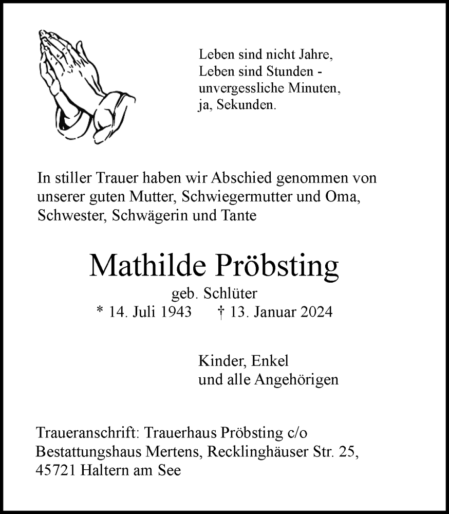  Traueranzeige für Mathilde Pröbsting vom 12.02.2024 aus Ruhr Nachrichten und Halterner Zeitung