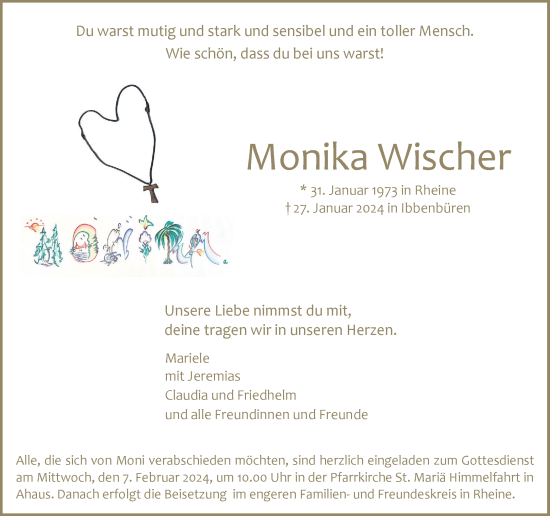 Traueranzeige von Monika Wischer von Münstersche Zeitung und Münsterland Zeitung