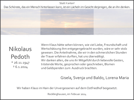 Traueranzeige von Nikolaus  Pedoth von Medienhaus Bauer
