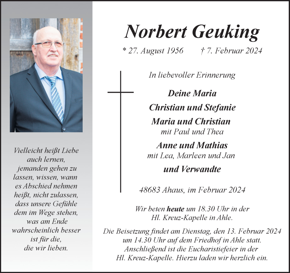  Traueranzeige für Norbert Geuking vom 10.02.2024 aus Münstersche Zeitung und Münsterland Zeitung