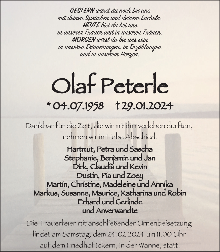  Traueranzeige für Olaf Peterle vom 10.02.2024 aus 