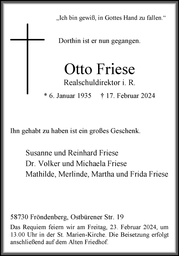  Traueranzeige für Otto Friese vom 21.02.2024 aus Hellweger Anzeiger