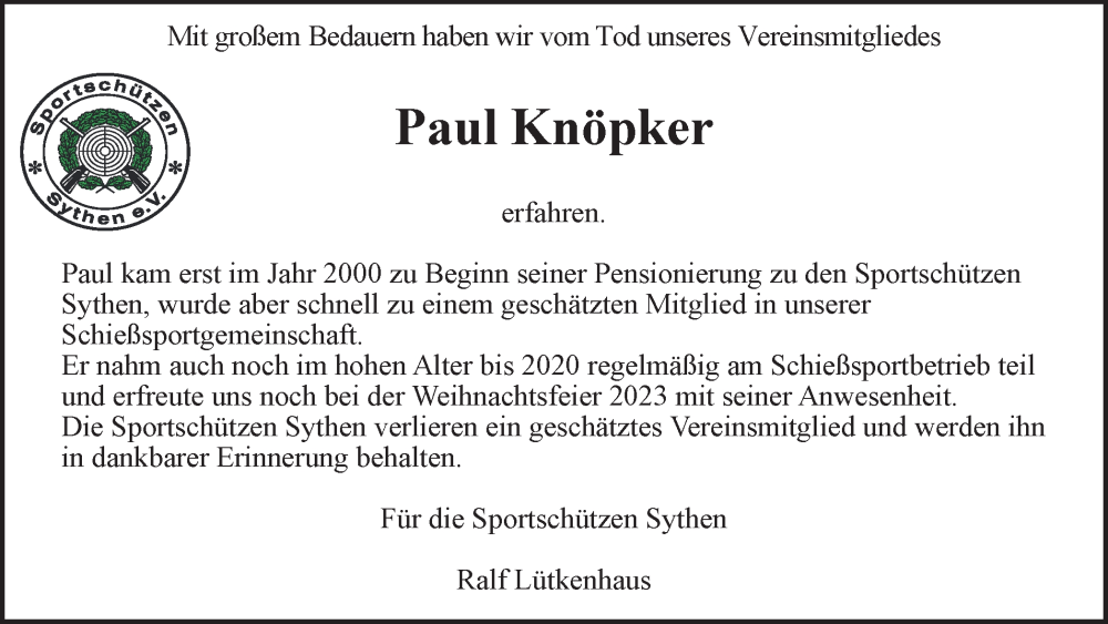  Traueranzeige für Paul Knöpker vom 14.02.2024 aus Ruhr Nachrichten und Halterner Zeitung