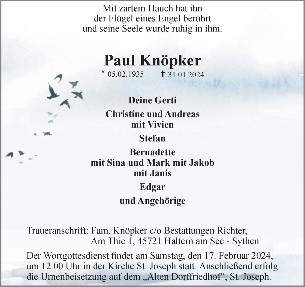  Traueranzeige für Paul Knöpker vom 10.02.2024 aus Ruhr Nachrichten und Halterner Zeitung