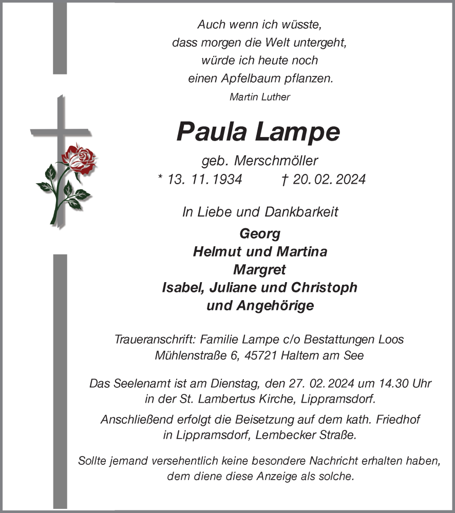  Traueranzeige für Paula Lampe vom 24.02.2024 aus Ruhr Nachrichten und Halterner Zeitung