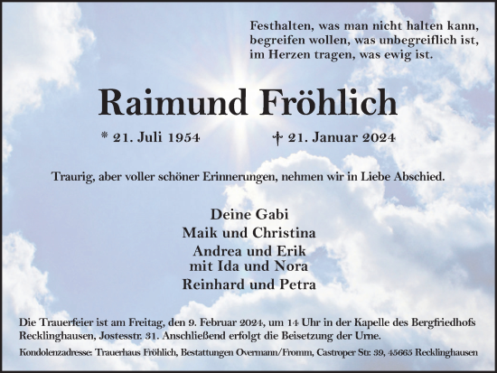 Traueranzeige von Raimund Fröhlich von Medienhaus Bauer