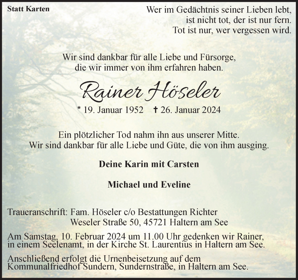  Traueranzeige für Rainer Höseler vom 03.02.2024 aus Medienhaus Bauer