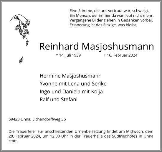 Traueranzeige von Reinhard Masjoshusmann von Hellweger Anzeiger