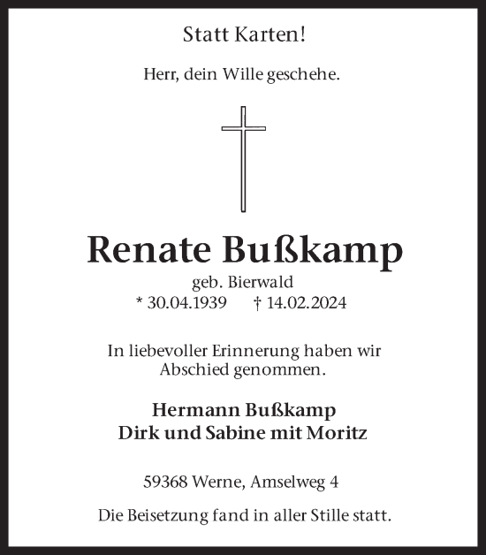 Traueranzeige von Renate Bußkamp von Ruhr Nachrichten