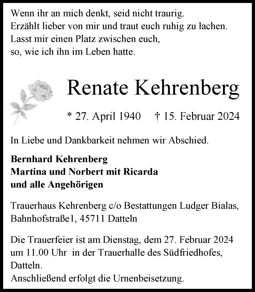  Traueranzeige für Renate Kehrenberg vom 24.02.2024 aus 