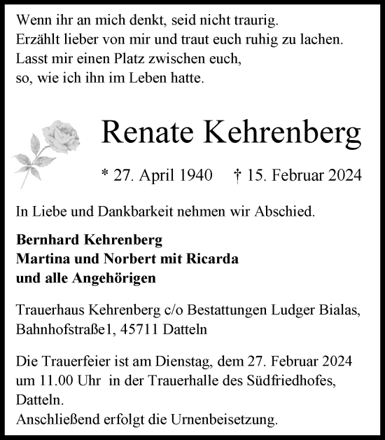 Traueranzeige von Renate Kehrenberg 